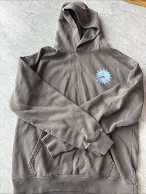 Unisex Trevor hall Hooded Sweatshirt in Taupe with Light Blue Chest Graphic